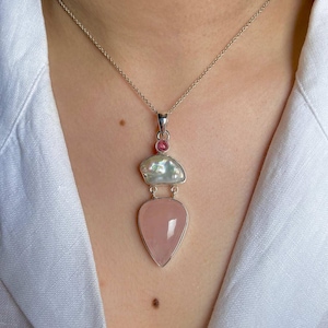 Rose Quartz, Biwa Pearl, Tourmaline Pendant / 925 Sterling Silver Pendant / Healing Gemstone / Pear Cab / Statement Rose Quartz Pendants