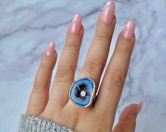 Blue Agate, Blue Topaz Adjustable Ring / 925 Sterling Silver / Healing Gemstone / Fancy Rough / Blue Agate  Statement Ring / ABU-R-6.