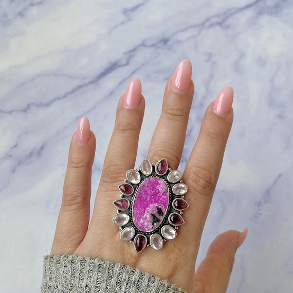 Cobalt Calcite, Pink Tourmaline and Rose Quartz Ring / 925 Sterling Silver / Cluster Ring / Gifts for her / Statement Ring CBC-FLR-1.