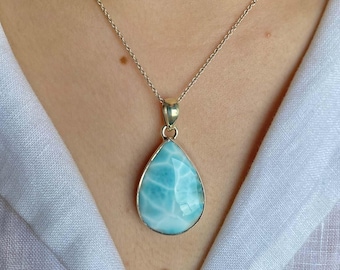 Larimar Pendant / Sterling Silver Pendant / Healing Gemstone / Gifts for her / Pear Cab / Larimar / Statement Larimar Pendant