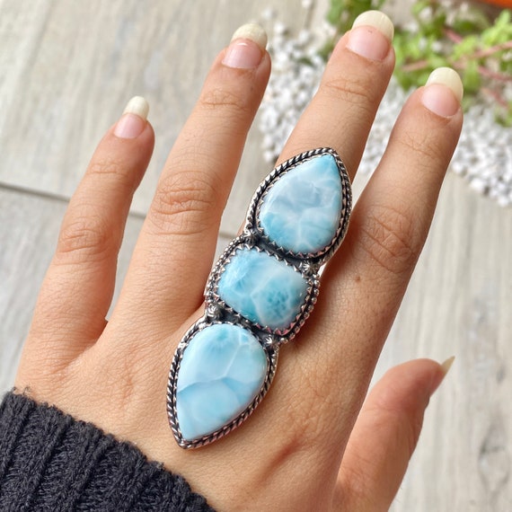 925 Sterling silver Natural Larimar ring Boho Statement Handmade jewelry women