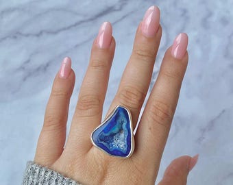 Blue Agate Adjustable Ring / 925 Sterling Silver / Healing Gemstone / Gifts for her / Fancy Rough / Blue Agate  Statement Ring / ABU-R-27.