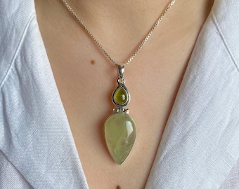 Prehnite, Tourmaline Pendant / 925 Sterling Silver / Healing Gemstone / Prehnite Jewelry / Gifts for her / Statement Pendant PRN-P-29.