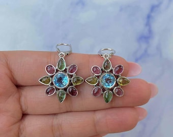 Swiss Blue Topaz / Tourmaline Leverback Earring / 925 Sterling Silver / Healing Gemstone / Gifts for her / Dainty Earring SBTZ-CCE-36.