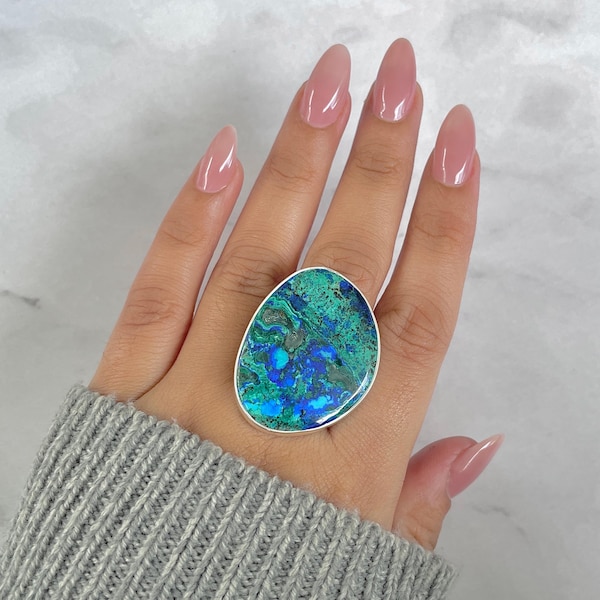Azurite Malachite Adjustable Ring / 925 Sterling Silver / Healing Gemstone / Gift for her / Fancy Cab / Malachite Statement Ring / AZM-R-99.