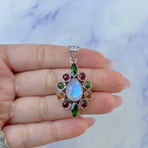 Moonstone, Tourmaline Pendant / 925 Sterling Silver Pendant / Healing Gemstone / Gifts for her / Pear Cab / Statement Moonstone Pendants
