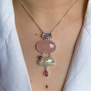 Rose Quartz, Biwa Pearl, Tourmaline Pendant / 925 Sterling Silver Pendant / Healing Gemstone / Oval Cab / Statement Rose Quartz Pendant