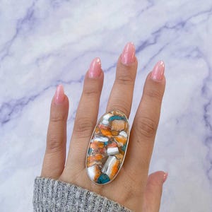 Spiny Oyster Turquoise Adjustable Ring / 925 Sterling Silver / Healing Gemstone / Gift for her / Oval Cab / Statement  Oyster Turquoise Ring