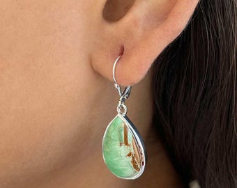 Variscite Leverback Earring / 925 Sterling Silver / Healing Gemstone / Gift for her/ Natural Variscite Jewelry / Statement Earring VRC-E-12.