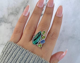Azurit Malachit, Peridot, Kyanit Ring verstellbar / 925 Sterling Silber / Heilstein / Geschenke für Sie / Statement Ring AZM-R-126.