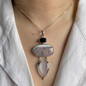 Dendritic Agate, Black Spinel  Pendant / Sterling Silver Pendant / Healing Gemstone / Gifts for her /  Statement Dendritic Agate Pendants