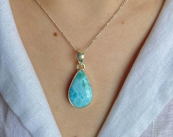 Larimar Pendant / Sterling Silver Pendant / Healing Gemstone / Gifts for her / Pear Cab / Larimar / Statement Larimar Pendant