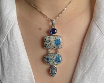 K2-Jaspis, Schweizer Blautopas-Anhänger / 925 Sterlingsilber / Geschenk für Sie / Heilstein / Oval / K2-Jaspis Statement-Schmuck / K2J-P-36.