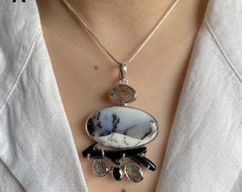 Dendritic Agate, Black Tourmaline, Black Rutile Pendant / 925 Sterling Silver  Healing Gemstone / Gift For Her / Statement Pendant