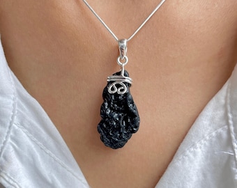 Tektite Pendant Necklace / 925 Sterling Silver / Healing Gemstone / Gift for her / Fancy Rough / Natural Tektite Jewelry / Statement Pendant