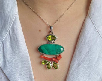 Pendentif en malachite, péridot, corail rouge/argent sterling 925/pierre précieuse curative/cabine ovale/bijoux en malachite/pendentif tendance MLC-P-48.