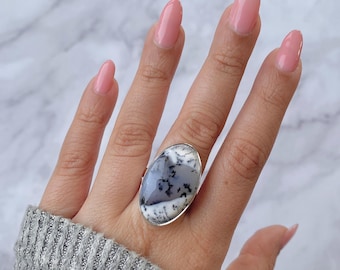 Anillo ajustable de ágata dendrítica / Plata de ley 925 / Piedra preciosa curativa / Regalos para ella / Joyería de ágata dendrítica natural / Anillo llamativo