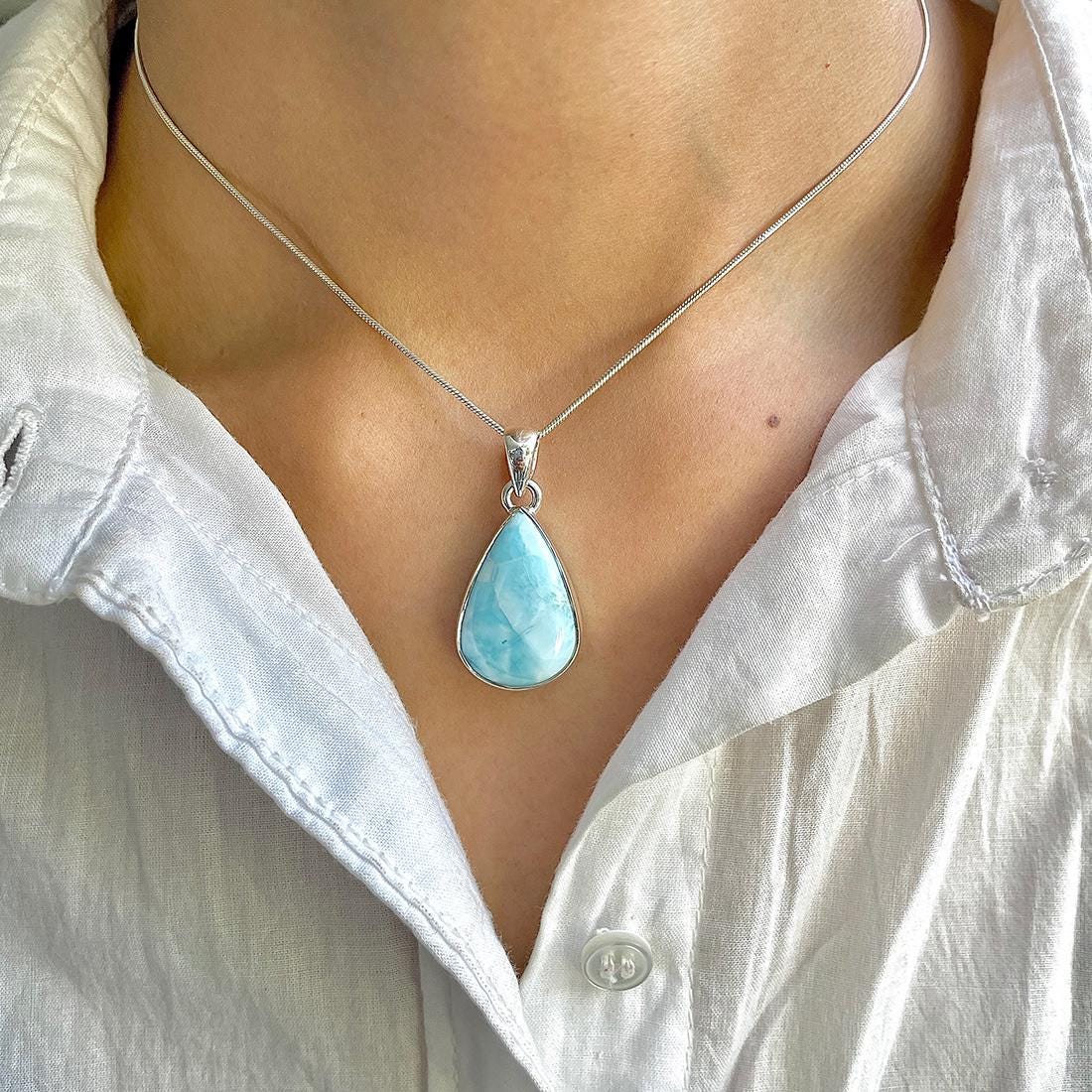 Larimar Pendant / 925 Sterling Silver Pendant / Healing Gemstone / Gifts for her / Pear Cab / Larimar Jewelry / Statement Larimar Pendant