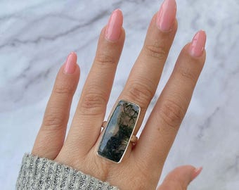 Bague réglable en agate mousse / Bague en argent sterling 925 / Pierres précieuses de guérison / Cadeaux pour elle / Cabine octogonale / Bague tendance en agate mousse
