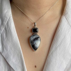 Dendritic Agate, Black Spinel Pendant / 925 Sterling Silver Pendant / Healing Gemstone / Gifts for her / Statement Dendritic Agate Pendants