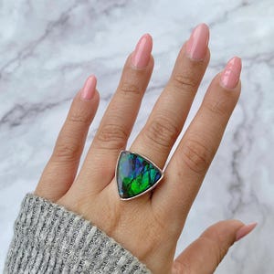 Ammolite Adjustable Ring / 925 Sterling Silver / Healing Gemstone / Gifts for her / Trillion Cab / Ammolite Jewel / Statement Ammolite Ring