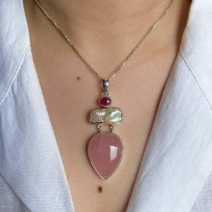 Rose Quartz, Biwa Pearl, Tourmaline Pendant / 925 Sterling Silver Pendant / Healing Gemstone / Pear Cab / Statement Rose Quartz Pendants