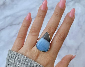 Blue Opal Adjustable Ring / 925 Sterling Silver / Healing Gemstone / Gift for her / Pear Cab / Blue Opal Jewelry / Statement Ring  BLO-R-15.