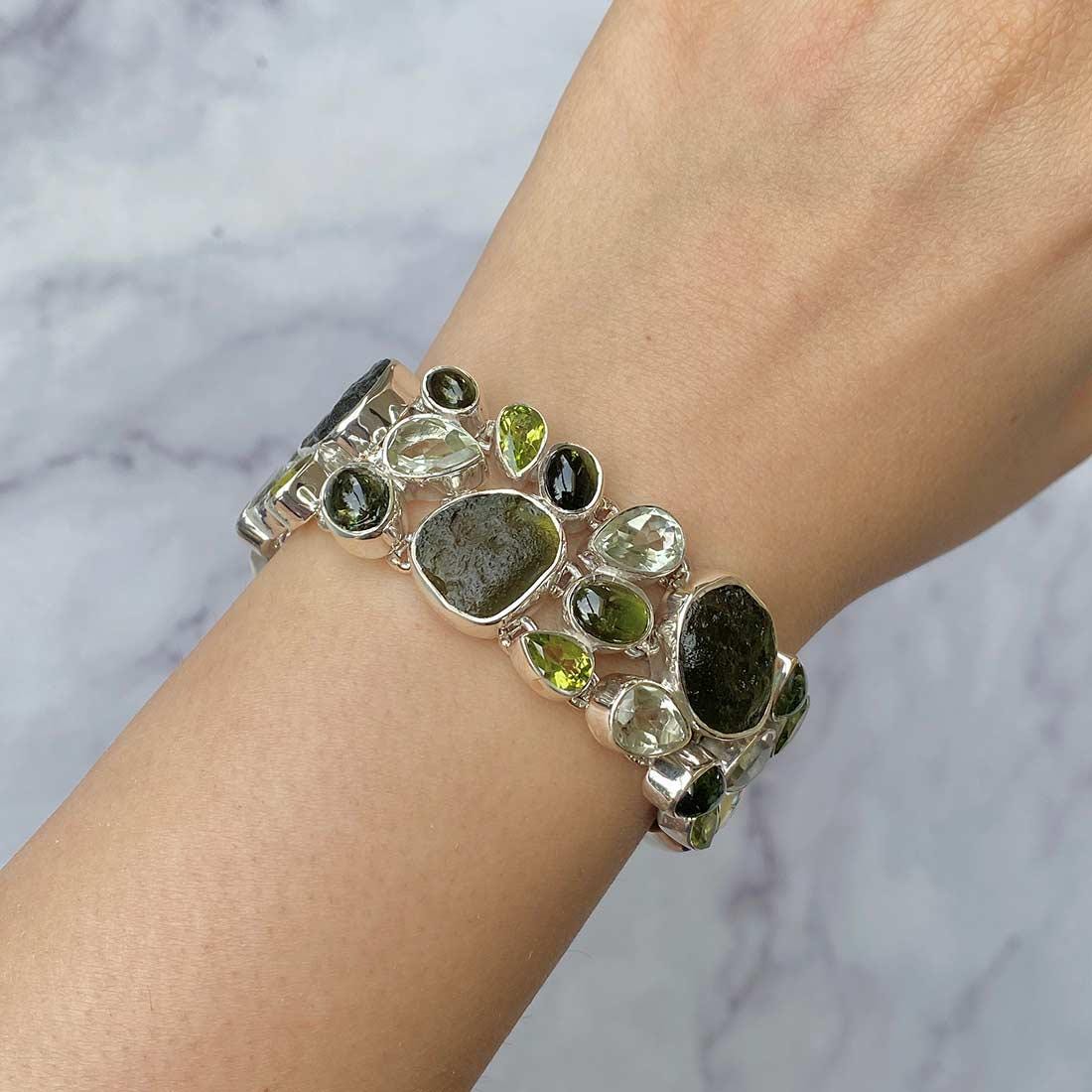 Moldavite Rough Bracelet / Sterling Silver Bracelet / Healing Gemstone / Gifts for her / Fancy Rough / Statement Moldavite Rough Bracelet