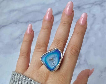 Blue Agate Adjustable Ring / 925 Sterling Silver / Healing Gemstone / Gifts for her / Fancy Rough / Blue Agate  Statement Ring / ABU-R-25.
