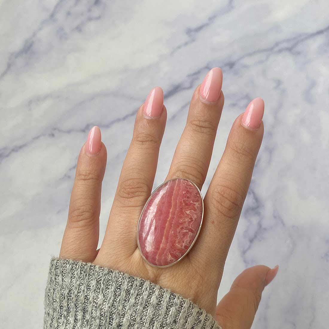 Rhodochrosite Adjustable Ring / 925 Sterling Silver Ring / Healing Gemstone / Gifts for her / Pear Cab / Statement Rhodochrosite Rings