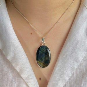 Blue Tiger Eye Pendant / Sterling Silver Pendant / Healing Gemstone / Gifts for her / Oval Cab / Statement Blue Tiger Eye Pendant
