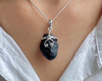 Tektite Pendant Necklace / 925 Sterling Silver / Healing Gemstone / Gift for her / Fancy Rough / Natural Tektite Jewelry / Statement Pendant