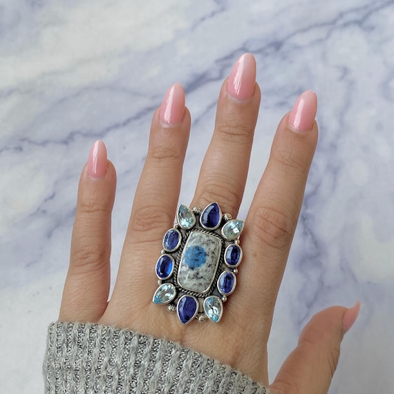 K2 Jasper, Blue Topaz and Kyanite Ring / 925 Sterling Silver / Cluster Ring / Boho Jewelry / Birthstone Jewelry / Statement Ring K2J-FLR-3.