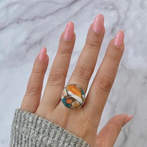 Spiny Oyster Turquoise Adjustable Ring / 925 Sterling Silver / Healing Gemstone / Gifts for her / Round / Statement Oyster Turquoise Ring