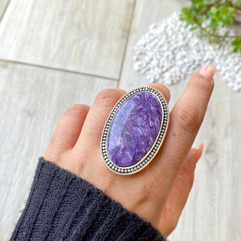Charoite Ring Statement Jewelry Statement Ring 925 Sterling Silver Ring Gifts for her Birthstone Jewelry Boho Rings