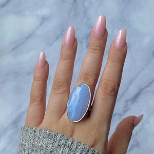 Blue Lace Agate Adjustable Ring / 925 Sterling Silver Ring / Healing Gemstone / Gifts for her / Oval Cab / Statement Blue Lace Agate Rings