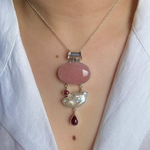Rose Quartz, Biwa Pearl, Tourmaline Pendant / 925 Sterling Silver Pendant / Healing Gemstone / Oval Cab / Statement Rose Quartz Pendants