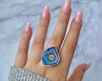 Blue Agate, Blue Topaz Adjustable Ring / 925 Sterling Silver / Healing Gemstone / Fancy Rough / Blue Agate Statement Ring / ABU-R-16.