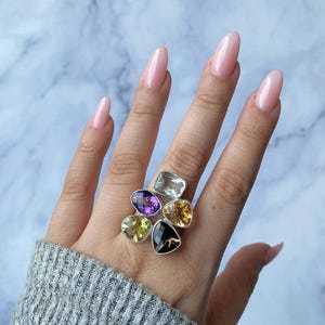 Multi Gemstone Adjustable Ring / Sterling Silver / Healing Gemstone / Gifts for her / Fancy Cut / Statement Multi Gemstone Adjustable Ring