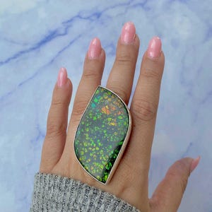 RARE 106 CARATS Ammolite Ring / 925 Sterling Silver Ring/ Healing Gemstone/ Gifts for her/ Large Ammolite / Natural Ammolite Adjustable Ring