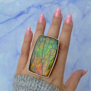 RARE 147 CARATS Ammolite Ring / 925 Sterling Silver Ring/ Healing Gemstone/ Gifts for her/ Large Ammolite / Natural Ammolite Adjustable Ring