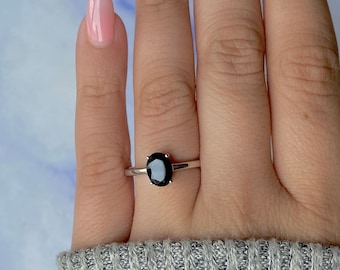 Black Tourmaline Ring / 925 Sterling Silver Ring / Rhodium vermeil / Healing Gemstone / Gifts for her / Oval Cut / Dainty Ring BLS-SR-249.