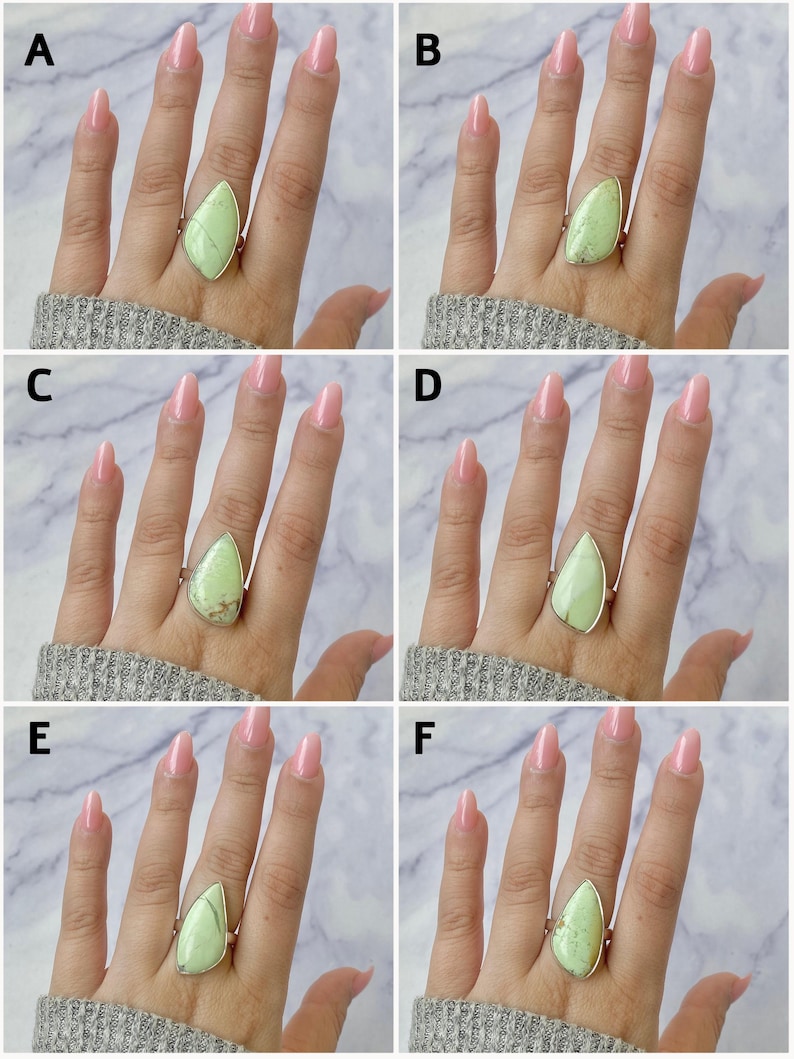 May include: A collection of six silver rings, labelled A through F, each featuring a unique, teardrop-shaped light green gemstone set in a smooth metal bezel. The stones display natural variations in colour, veining, and texture across the set.