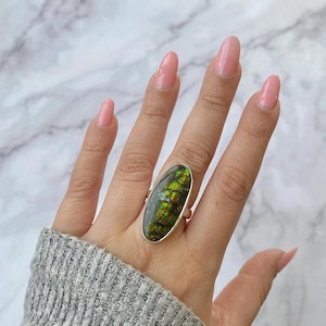 Ammolite Adjustable Ring / 925 Sterling Silver Ring / Healing Gemstone / Gifts for her / Oval Cab / Ammolite / Statement Ammolite Rings