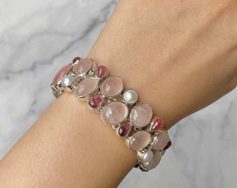 Rose Quartz Bracelet / Sterling Silver Bracelet / Healing Gemstone / Gifts for her / Oval Cab / Rose Quartz / Statement Rose Quartz Bracelet