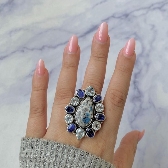 K2 Jasper, Blue Topaz and Kyanite Adjustable Ring / 925 Sterling Silver / Cluster Ring / Boho Jewelry / K2 Jasper Statement Ring K2J-FLR-1.