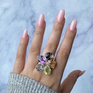 Multi Gemstone Adjustable Ring / Sterling Silver / Healing Gemstone / Gifts for her / Fancy Cut / Statement Multi Gemstone Adjustable Ring