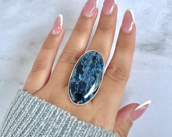 May include: A large oval ring featuring a polished blue and black patterned stone set in a smooth silver bezel. The stone displays a swirling, marbled texture with deep navy and lighter blue tones, creating a distinct contrast against the metal.