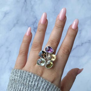 Multi Gemstone Adjustable Ring / Sterling Silver / Healing Gemstone / Gifts for her / Fancy Cut / Statement Multi Gemstone Adjustable Ring