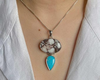 Wildes Pferd Jaspis, Türkis Anhänger / 925 Sterling Silber / Heilstein / Geschenke für Sie / Oval Cab / Statement Anhänger WOJ-P-39.